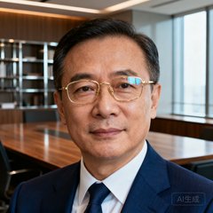 一位身着深蓝色西装、佩戴金丝眼镜的中年男士，背景为现代化办公室，他是某跨国金融机构亚太区总裁的肖像照