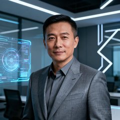 一位年约四十的男士，短发利落，身着灰色高定西装，背景为科技感十足的办公环境，他是全球知名科技企业亚太区市场总监的肖像照
